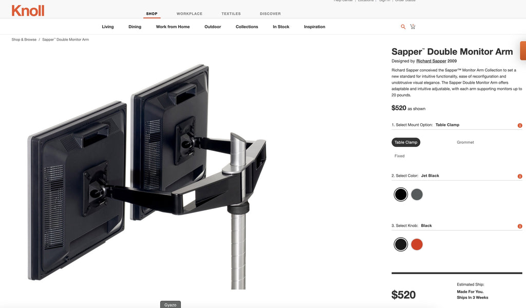 NEW Knoll/Herman Miller Sapper Double Monitor Arm