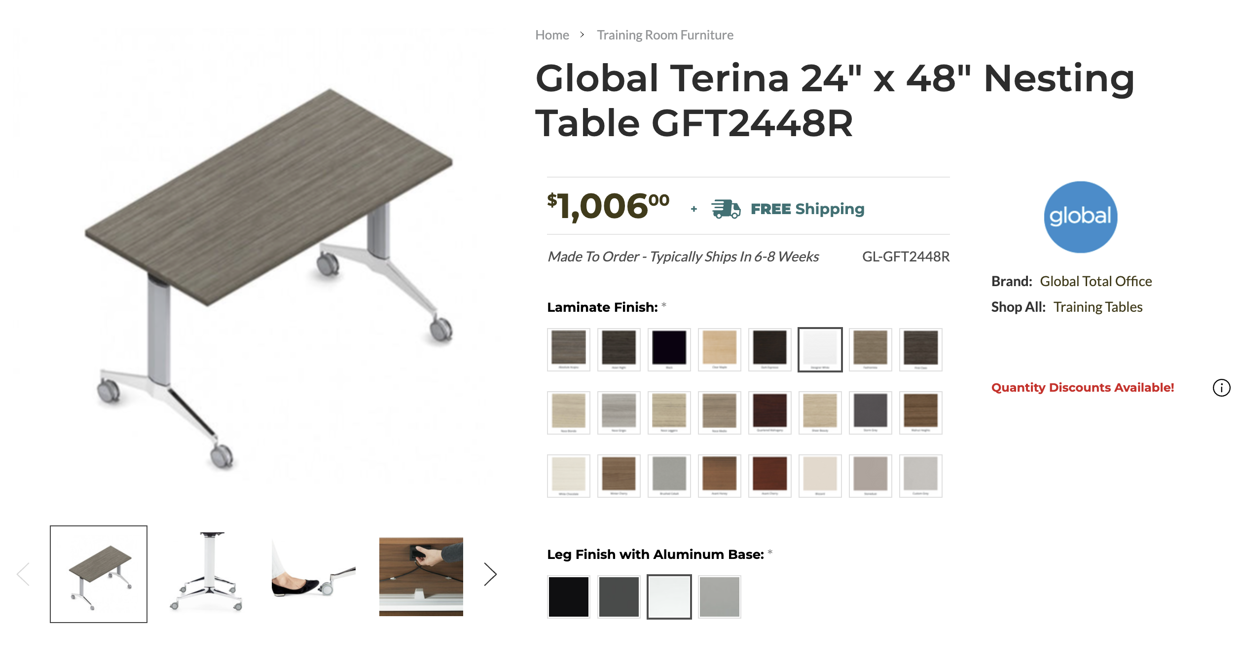 Global "Terina" White Folding Training Table