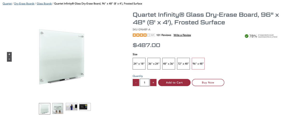 Glass Quartet Dry Erase Whiteboards. 4x3, 6x4, 8x4