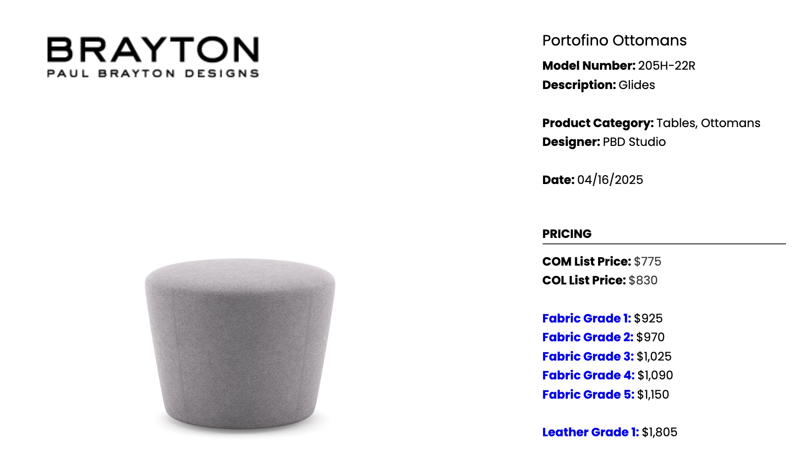 Brayton Design Portofino Ottoman – Various Colours & Patterns