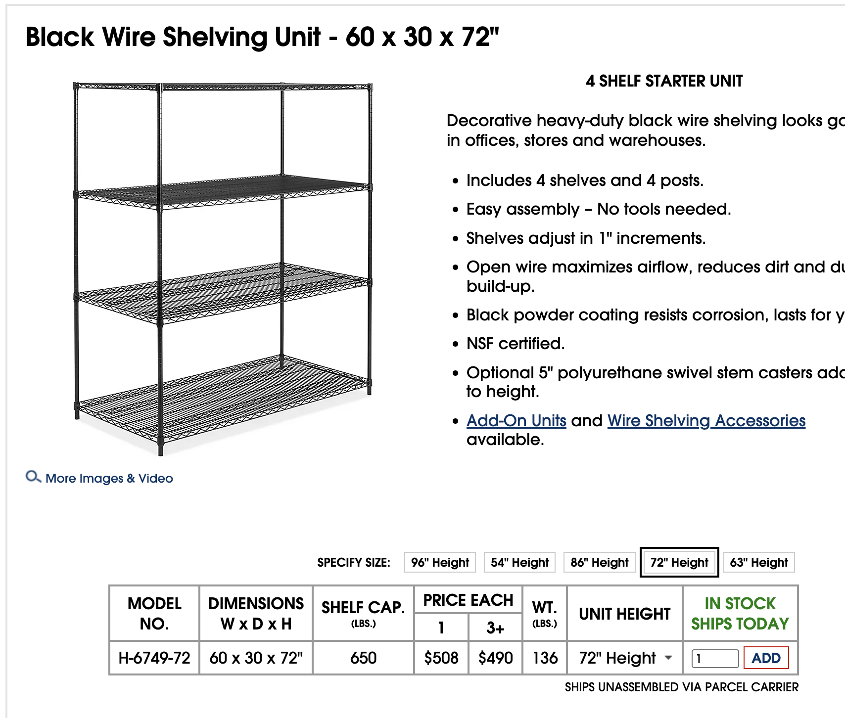 Heavy-Duty Uline Wire Shelving Unit on Locking Casters – 60”W x 30”D x 78”H