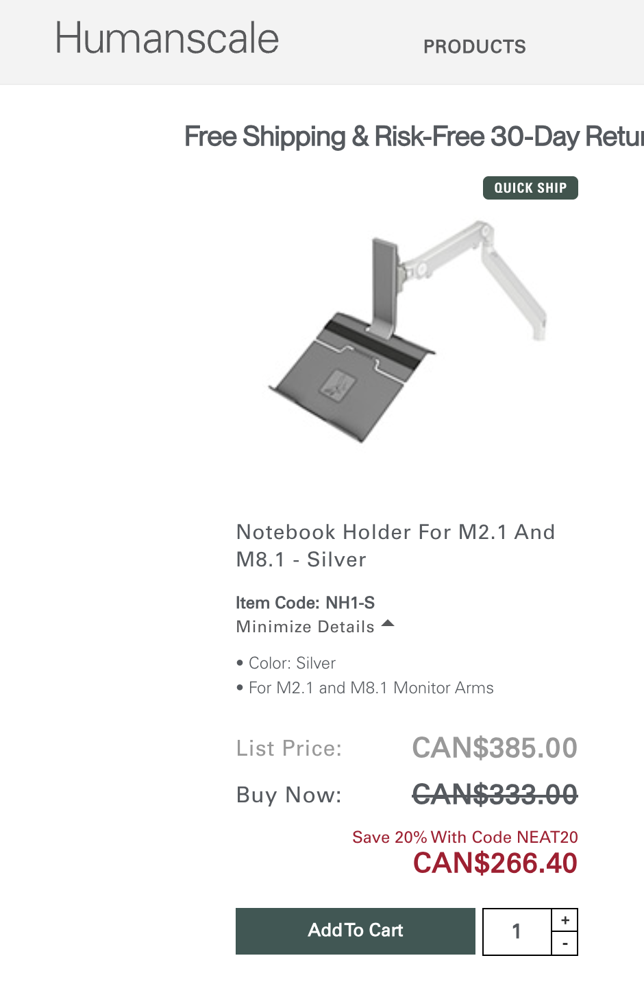 Humanscale Notebook Holder for M2.1 & M8.1 Monitor Arm
