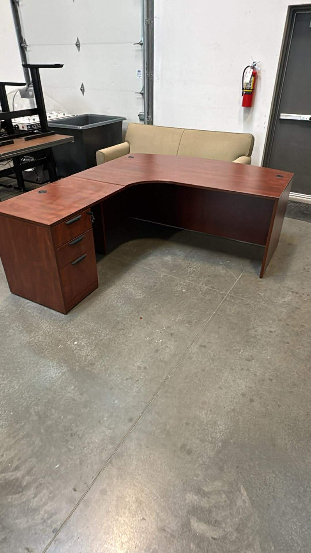 Used L-Shape Bow-Front Desk with Locking Pedestal
