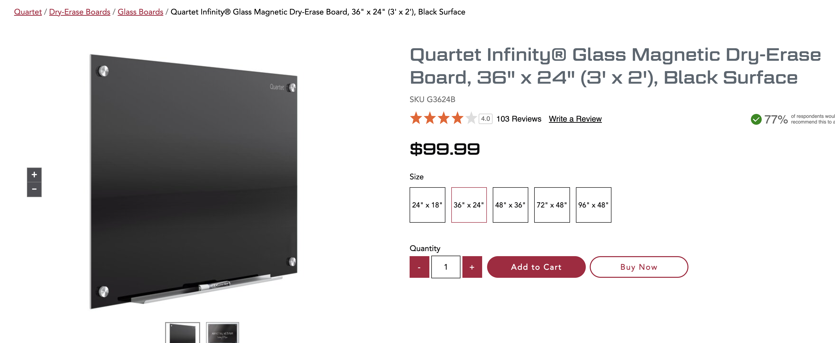 Quartet Glass Magnetic Whiteboard (Black) - 24" x 36"