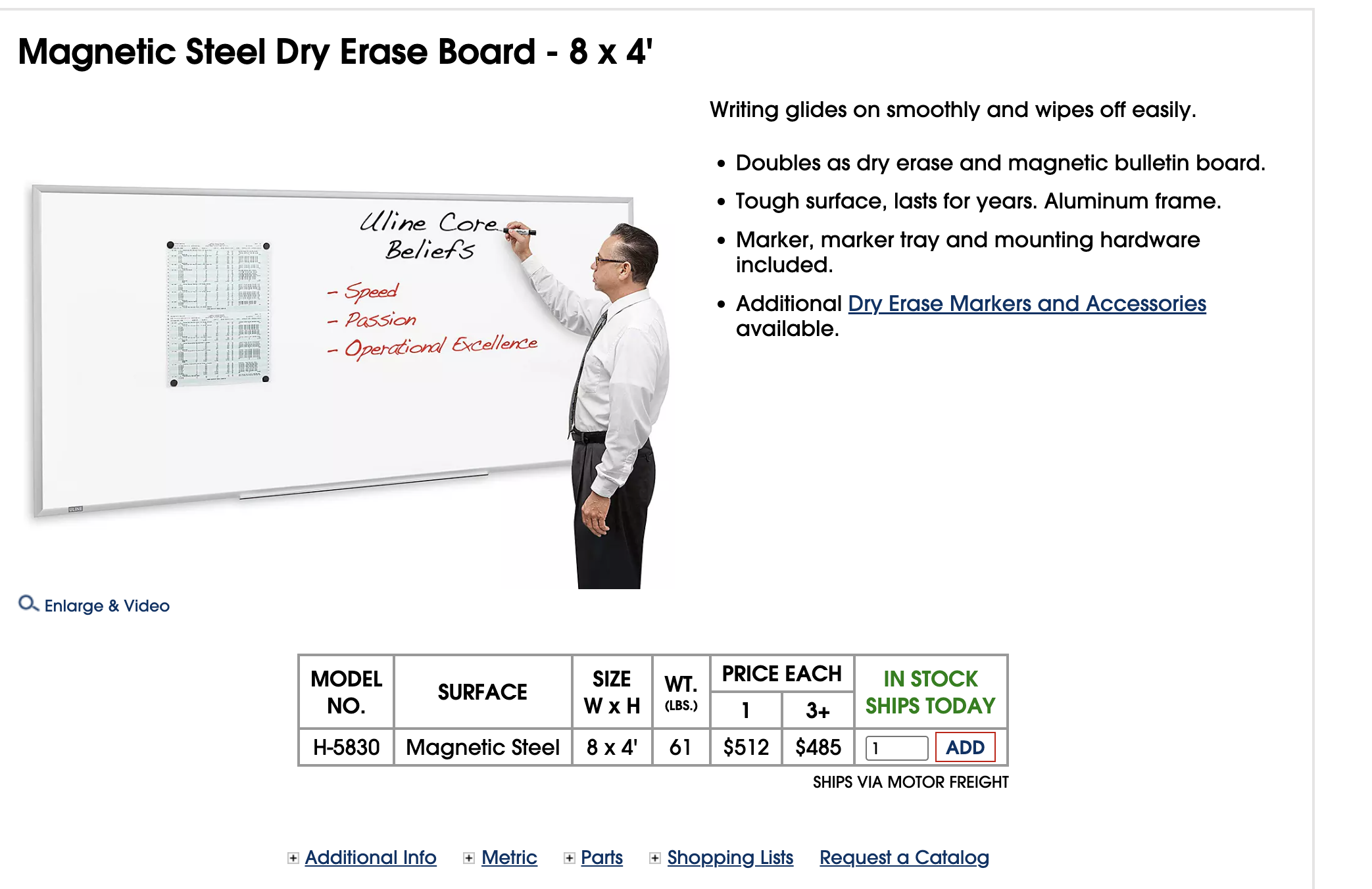 U-Line 8' x 4' Dry Erase Whiteboards